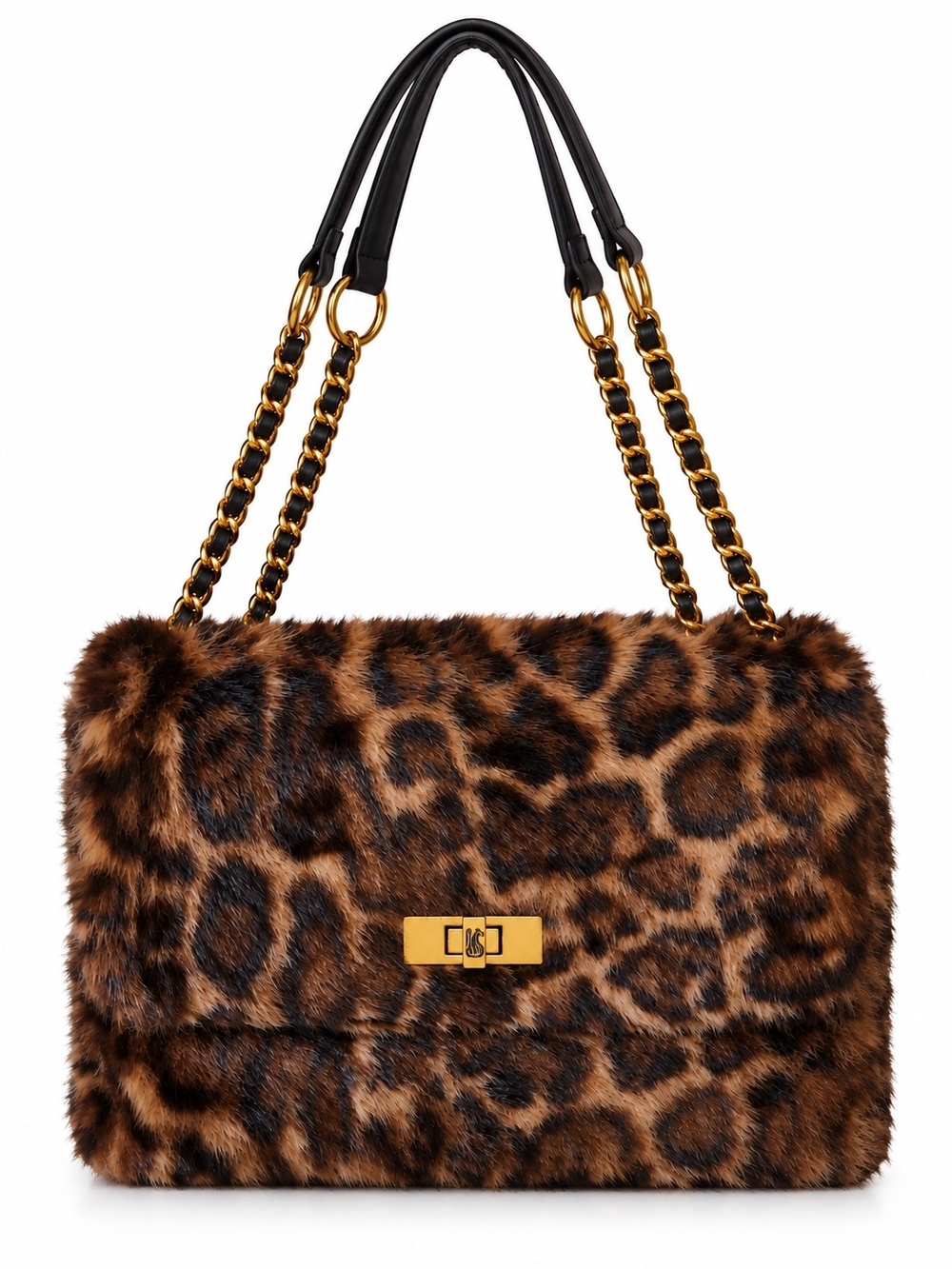 Leopard Faux Fur Shoulder Bag Gold Chain
